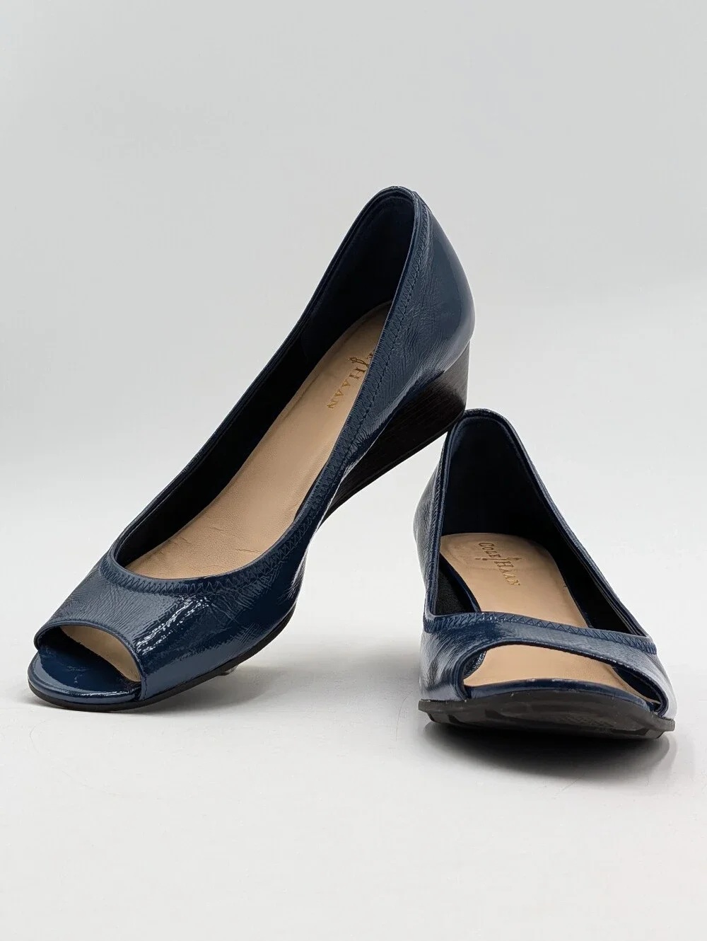 Cole Haan Size 6–6.5 Air Tali Patent Peep Toe Wedge Navy Blue Nike Air Comfort
